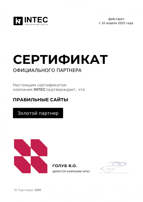 Сертификат партнера INTEC